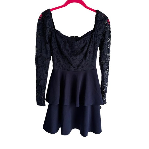 NWT CITY STUDIO Navy Lace Long Sleeve Zippered Square Neck Ladies Party Dress, 0 - Picture 3 of 7